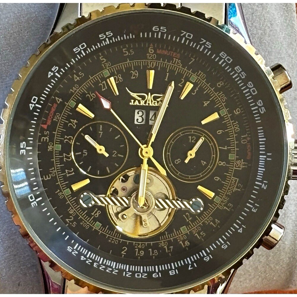 JARAGAR Men's Automatic Chrono Open Heart Watch 44mm Black Dial SS Bracelet 30m